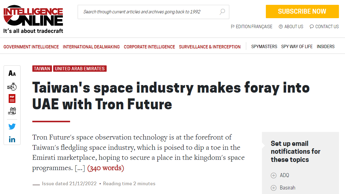 Taiwan’s space industry makes foray into UAE with Tron Future